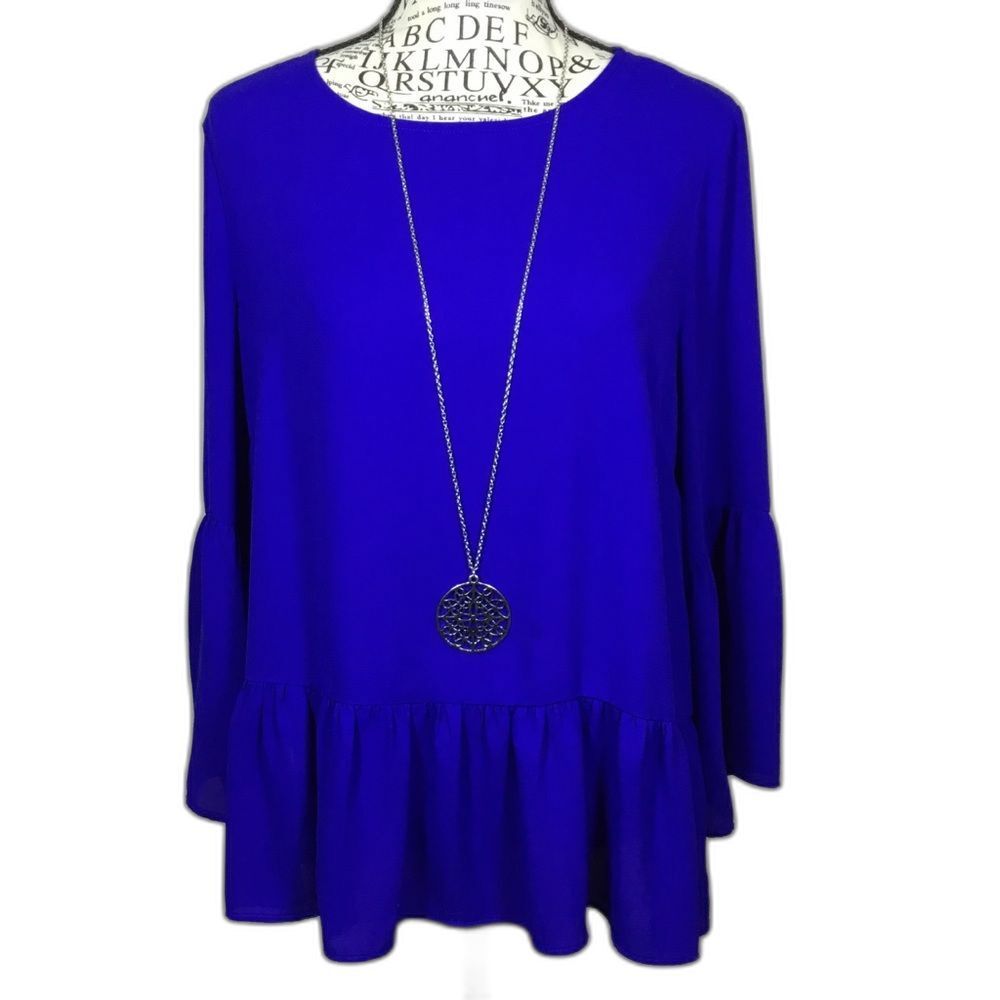 Royal blue bell sleeve top buttons at back sz S classic versatile bright bold